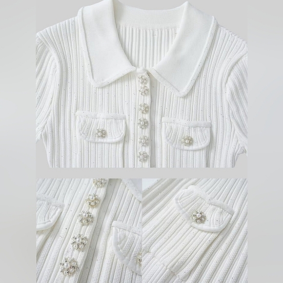 Knit Collar Short Sleeve Ribbed Sparkling Dress, Rhinestone Pearl Buttons - Picture 3 of 12